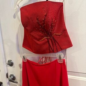 Juno red top with ribbon strap back with skirt